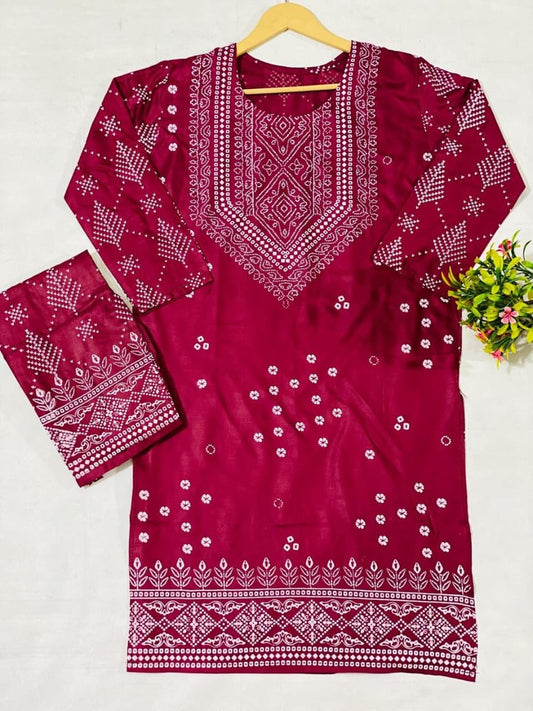 Chic Printed Linen Shirt And Trouser Set - 2 Pcs Ensemble in Maroon